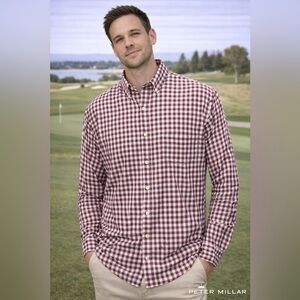 Peter Millar Burgandy and White Checkered Shirt